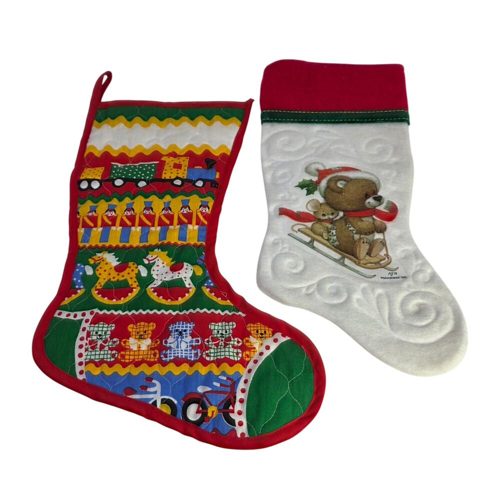 Vintage Christmas Stocking Pair Morehead Teddy Bear  Quilted Toy Stockings Decor